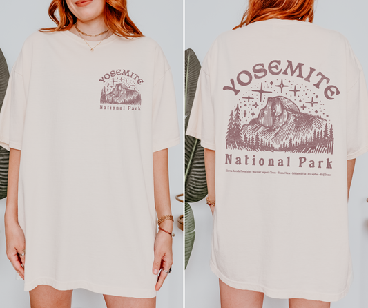 Comfort Colors Tshirt with front and back graphic that features a trendy mountain landscape of Yosemite National Park