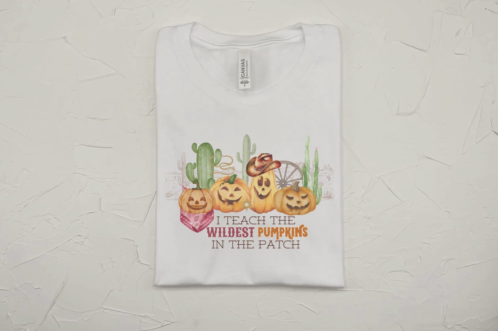 Bella Canvas 3001 Tshirt with a western halloween scene of jack o lanterns wearing western gear in the desert. The graphic reads I teach the wildest pumpkins.