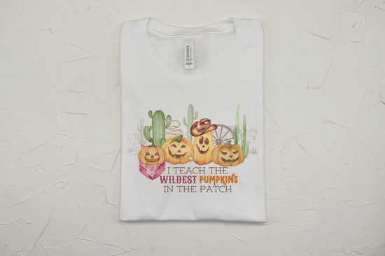 Bella Canvas 3001 Tshirt with a western halloween scene of jack o lanterns wearing western gear in the desert. The graphic reads I teach the wildest pumpkins.