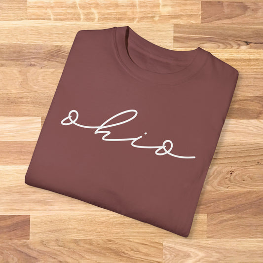 Comfort Colors Tshirt with a simple minimalist script font that reads ohio