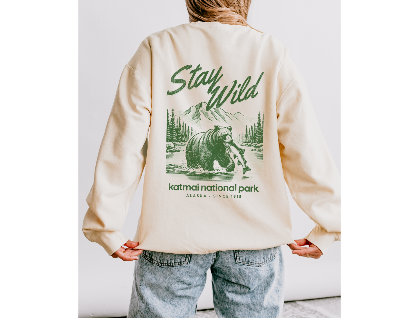 Katmai Alaska National Park Sweatshirt, Granola Girl Aesthetic Crewneck, Front & Back Graphic Pullover, Outdoorsy Style